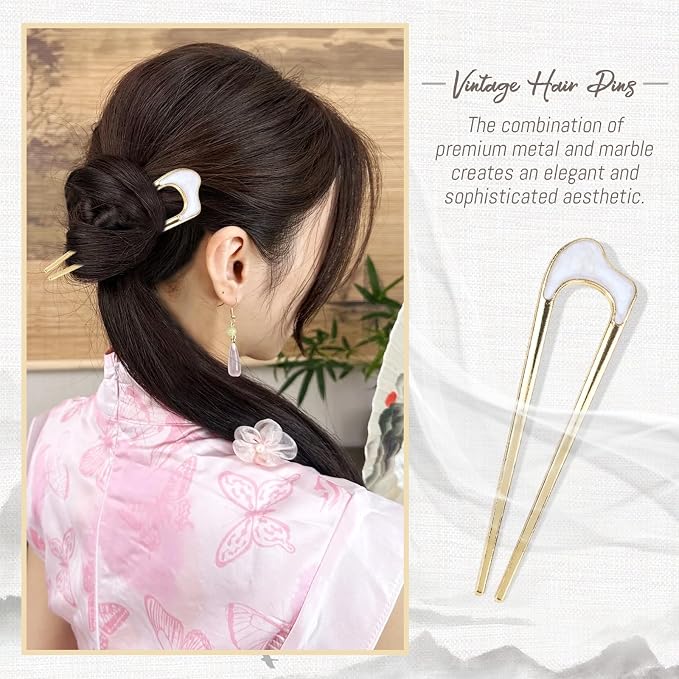 Lawie 10 Pack Cute Flower Butterfly U Shaped Gold Metal Hair Fork Pins Curved Chopsticks for Hair Sticks with Dangles French Hair Pins Bun Holder Decorative Hair Accessories for Women Girls