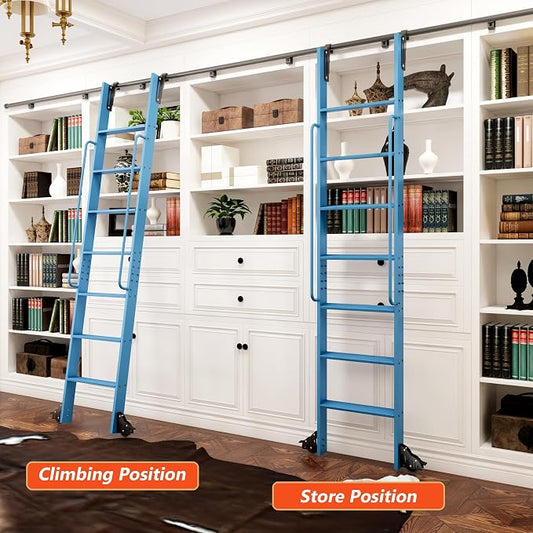 DIYHD 96" Rolling Library Ladder with Handrail, 4FT Sliding Rail, Blue | 8-Step lightweight ladder with space-saving upright storage, Telescopic top hooks, Locking bottom rollers, 300lbs capacity