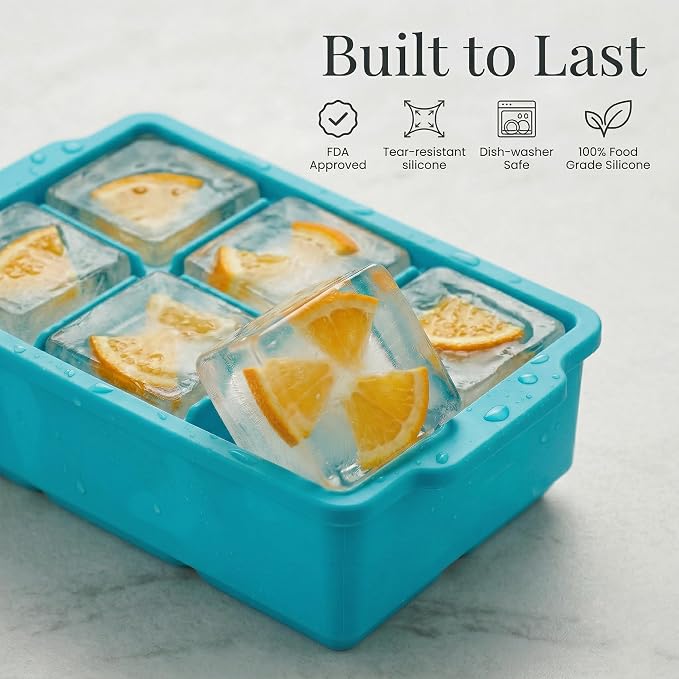 KitchFort® Large Silicone Ice Cube Tray (2-Pack) - 2" Big Ice Mold with Lid | Easy Release, Cocktail, Whiskey Ice Cubes Mold - Food Grade - Ice Cube Trays for Freezer - Stackable Silicone Ice Tray