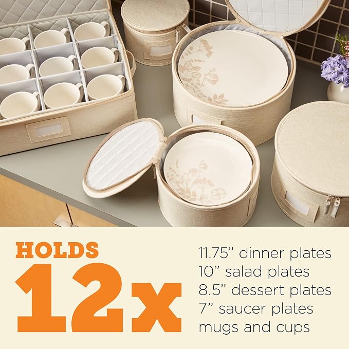 storageLAB China Storage Containers, Containers for Organizing, Hard Shell Case, Felt Plate Dividers, Moving Supplies, Storage Box, Wine, Dishes, Glasses Storage, Charger Plates Storage Containers | 5-piece quilted set for 12 - 4 plate cases + mug case...