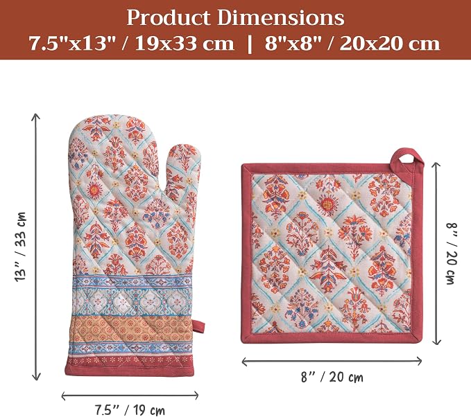 Maison d' Hermine 100% Cotton Oven Mitt & Pot Holder Set (7.5"x13" & 8"x8") | Heat Resistant BBQ Cooking Gloves with Loop Baking Grilling Kitchen Hotel Home Farmhouse Thanksgiving Christmas - Romane