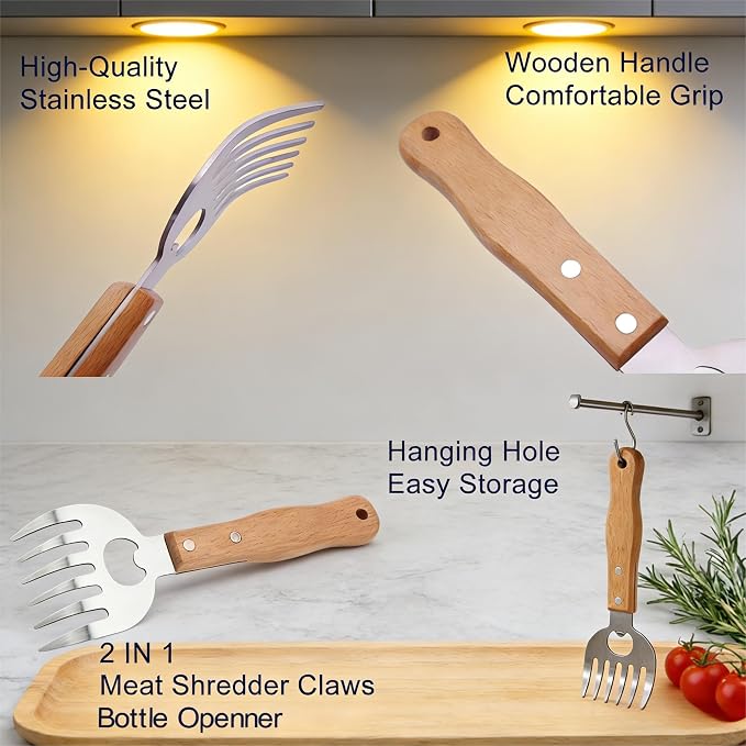 Stainless Steel Meat Shredder Claws with Wooden Handles | Built-In Bottle Opener, Heavy-Duty BBQ Tool for Shredding Pulled Pork, Chicken, Turkey and Beef Easily