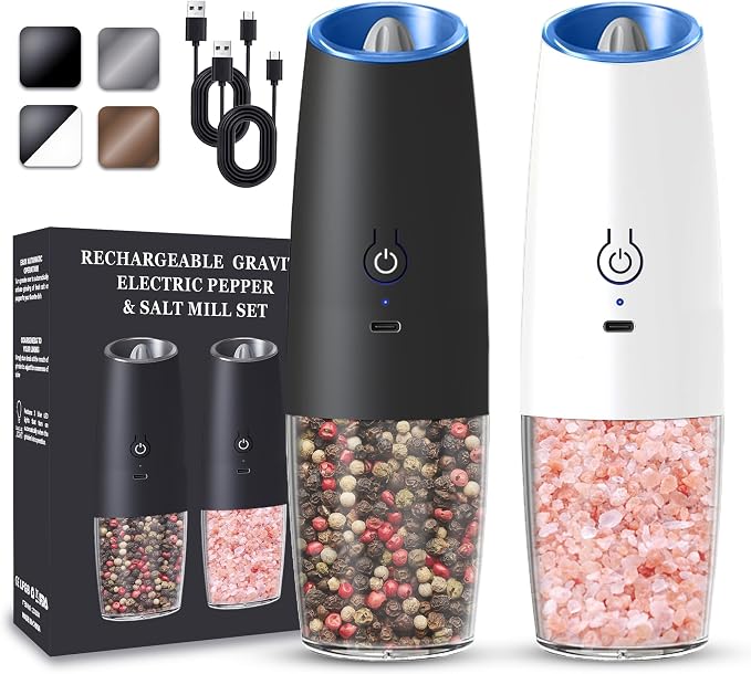 UNNEES Rechargeable Electric Salt and Pepper Grinder set of 2, gravity electric salt and pepper grinder set, Adjustable Roughness, LED Light, 2 Pack, (Black&White)