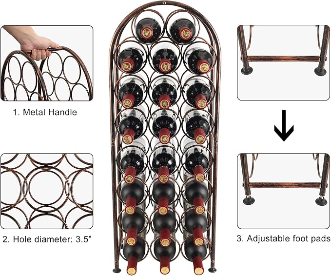 PAG 23 Bottles Arched Freestanding Floor Metal Wine Rack Wine Bottle Holders Stands, Antique Brown