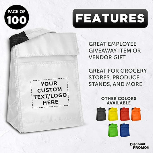 DISCOUNT PROMOS 100 Hook and Loop Insulated Lunch Bags Set - Customizable Text, Logo - Polyester, Durable, Vibrant, Reusable - White