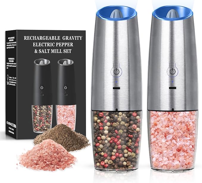 Rechargeable Salt And Pepper Grinder Set with LED Light, Automatic Electric Gravity Salt And Pepper Shakers Set, No Battery Needed, Adjustable Roughness, 2 Pack (Silver)