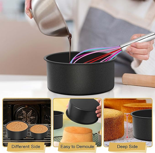 E-far Deep Cake Pan Set of 3 (4/6/8 Inch), Nonstick Stainless Steel Round Cake Pans Tins for Baking Layer Wedding Cakes, Stainless Steel Core & Nontoxic Coating, Deep & Straight Side