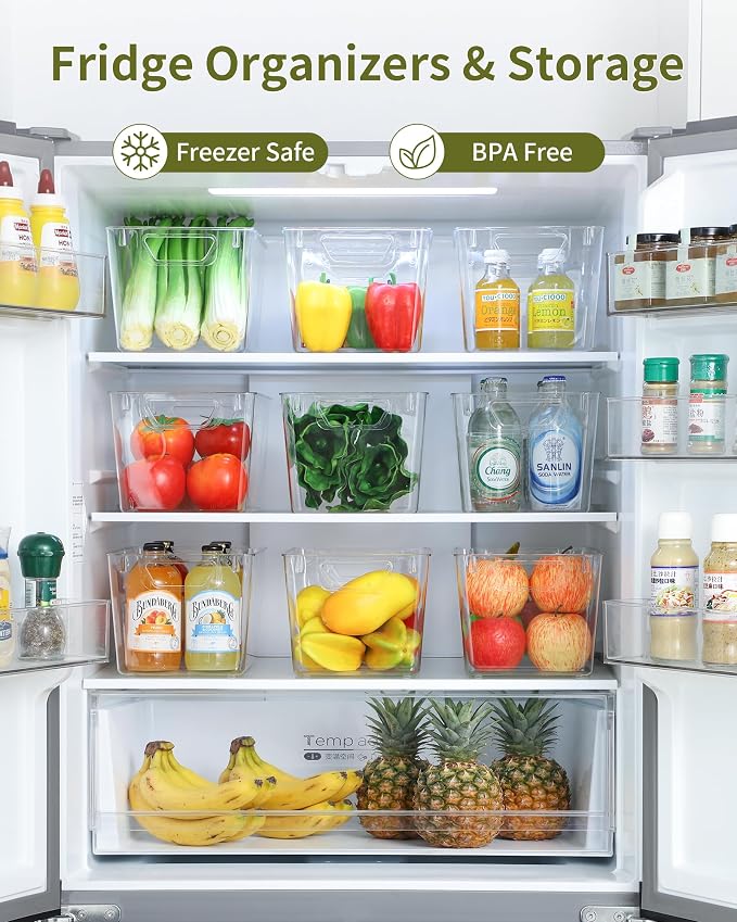 iCASA 6-Pack Clear Fridge Organizers and Storage Bins Container with Labels | Plastic Refrigerator Organizer Bin for Organizing, Home Organization Must Haves for Kitchen Under Sink Cabinet Pantry Shelf
