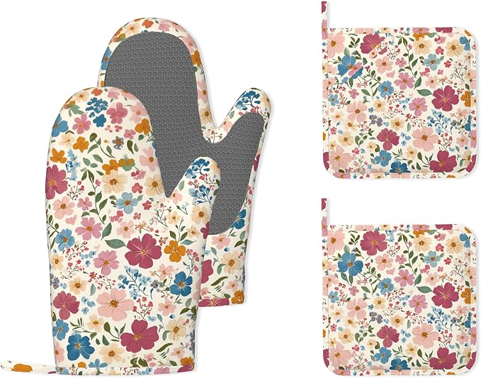Wildflowers Floral Meadow Oven Mitts and Pot Holders (4PCS),Heat Resistant Non-Slip Silicone Kitchen Gloves for Cooking, Baking, BBQ Waterproof Kitchen Accessories