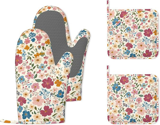 Wildflowers Floral Meadow Oven Mitts and Pot Holders (4PCS),Heat Resistant Non-Slip Silicone Kitchen Gloves for Cooking, Baking, BBQ Waterproof Kitchen Accessories