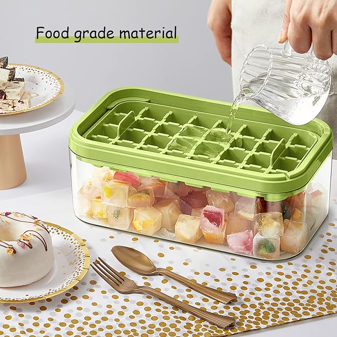 Ice Cube Tray with Lid and Bin, 2 Pack Ice Cube Trays for Freezer, 64 Pcs Ice Cube Mold, Press Button Easy Release Ice Tray, Small Ice Cubes Maker for Drinks(Green)