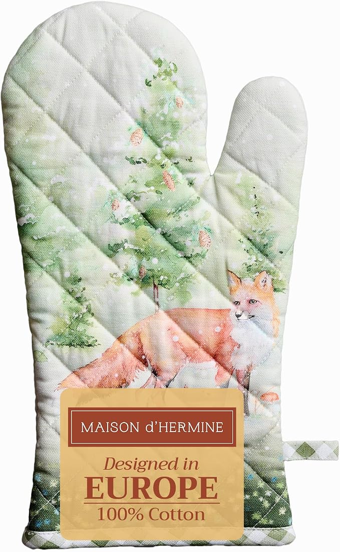 Maison d'Hermine Oven Gloves 100% Cotton Oven Mitt (7" x 13", Pack of 1) | With Loop Heat Resistant BBQ Cooking Gloves Baking Kitchen Handling Hot Pans Thanksgiving Christmas - Winter Mornings
