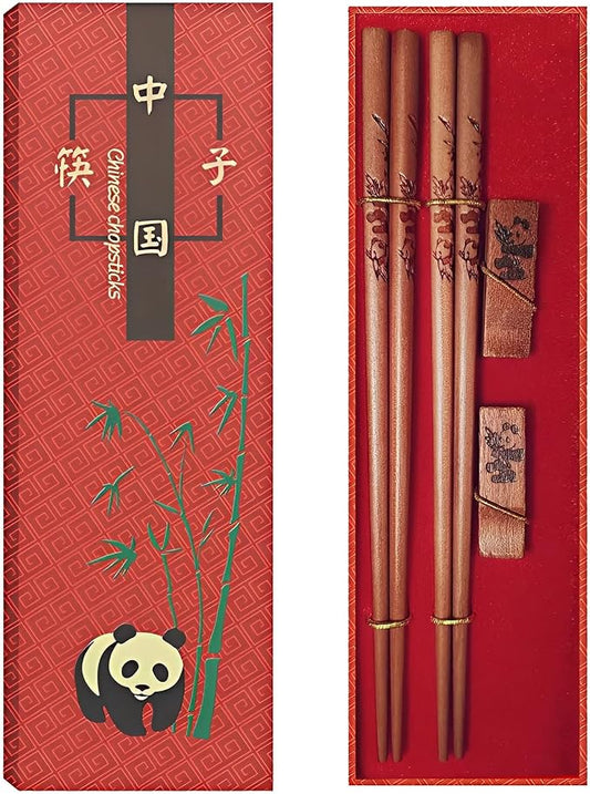 Natural Wooden Chopsticks Gift Set with Panda Holder, 2 Pairs | Reusable, Good Idea for Wedding, Gift Set for Anniversary, Gift Set for Birthday