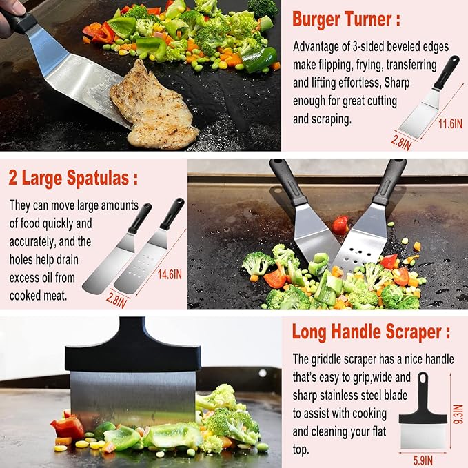 N NOBLE FAMILY 38PCS Flat Top Grill Accessories Set - Must Have for Your Outdoor with Professional Griddle Spatula, Cleaning Kit, Grill Basting Cover - Ideal Griddle Gift for Men Women