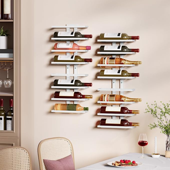Hoctieon 2-Set 8 Tier Wall Mount Wine Rack (16 Tiers), Wall Racks for Wine Bottles Display and Storage, Hanging Bottle Organizer for Living Room, Dining Room, Wine Cellar, Bar, White