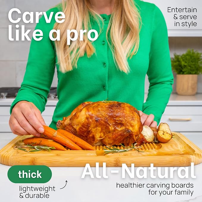 GREENER CHEF 18 Inch Extra Large Organic Turkey Carving Board with Lifetime Replacements - XL Wooden Butcher Block Meat Cutting Board with Pour Spout - Thanksgiving Cooking Essentials