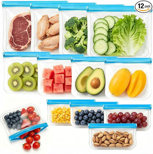12 Pack Silicone Bags for Food Storage,Reusable Silicone Food Storage Bags,Freezer, Microwave & Dishwasher Safe,Reusable Freezer Food Bags, Leakproof-4 Gallon 4 Snack 4 Sandwich Bags,Blue