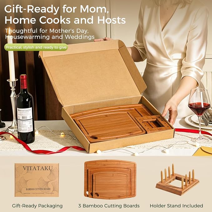 3-Piece Bamboo Cutting Boards for Kitchen with Wood Storage Stand | Reversible Charcuterie & Wooden Cutting Board Set with Juice Grooves and Easy-Grip Handles, Great Kitchen Gift