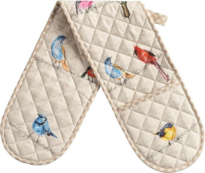 Maison d' Hermine Double Oven Mitts 100% Cotton Double Oven Glove (7"x35") | Heat Resistant BBQ Cooking Gloves with Loop Baking Grilling Kitchen Hotel Home Farmhouse Spring Summer - Birdies on Wire