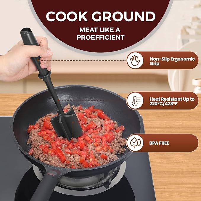 Meat Chopper - 5 Curve Blades - Ground Beef Masher - Heat Resistant Meat Masher Tool for Hamburger Meat, Ground Beef, Turkey & Nylon Hamburger Chopper Utensil Non-scratch Utensils