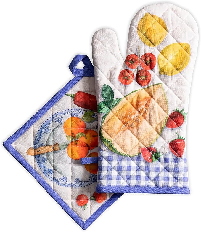 Maison d' Hermine 100% Cotton Oven Mitt & Pot Holder Set (7.5"x13" & 8"x8") | Heat Resistant BBQ Cooking Gloves with Loop Baking Grilling Kitchen Hotel Home Farmhouse Spring Summer - Gourmand