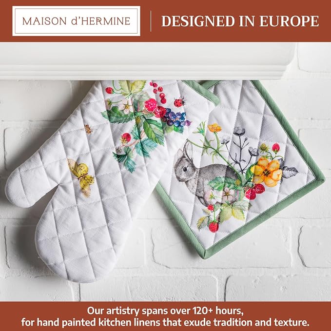 Maison d' Hermine 100% Cotton Oven Mitt & Pot Holder Set (7.5"x13" & 8"x8") | Heat Resistant BBQ Cooking Gloves with Loop Baking Grilling Kitchen Hotel Home Farmhouse Spring Summer - Printemps