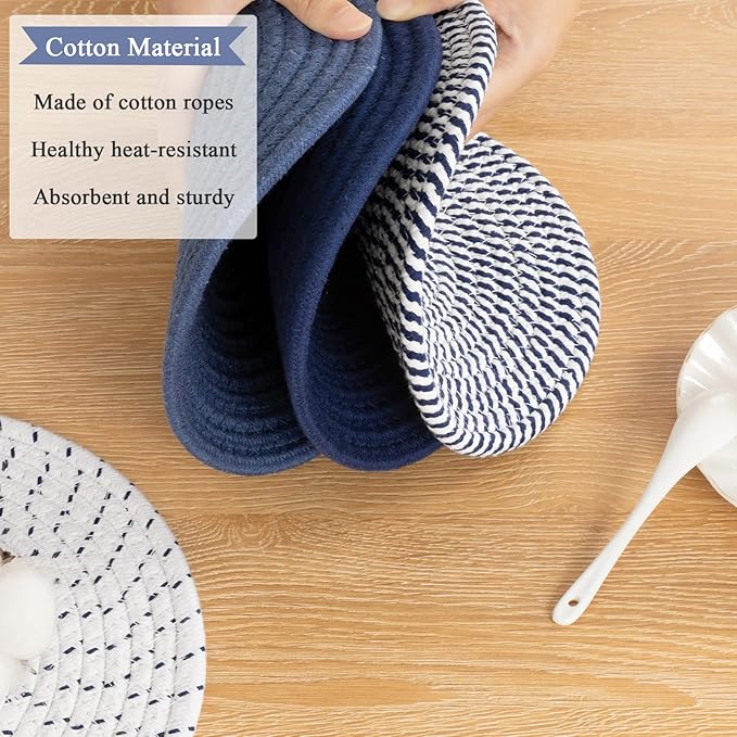 SHACOS 10 Inches Trivets for Hot Dishes, 4 Pieces Cotton Trivets Mats for Kitchen, Hot Pads for Countertops and Table, Heat-Resistant Pot Holders for Hot Pots and Pans(Blue, 4pcs)