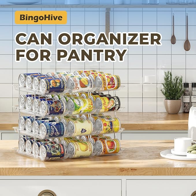 Can Organizer for Pantry 4 Tiers Rolling Can Storage Cupboard | Automatic Rolling Holds 48 Cans Combinable Canned Food Organizer Soda Can Organizer for Cupboard Cabinets Pantry Fridge Clear