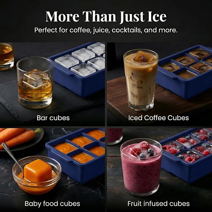 KitchFort® Large Silicone Ice Cube Tray (3-Pack), Easy Release 2" Big Ice Cubes - Cocktail, Whiskey Ice Cubes Mold - Ice Trays for Freezer with Lid - Stackable Silicone Ice Tray - Navy Blue