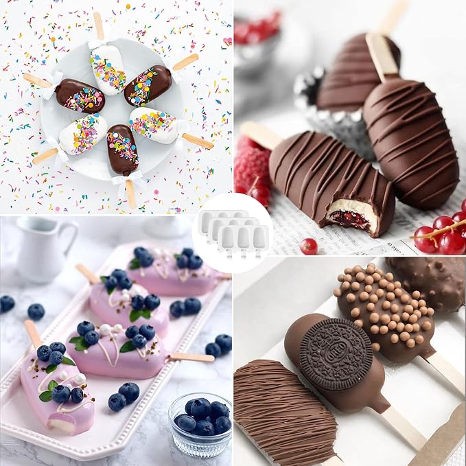 3 Pack Silicone Popsicle Molds with Lids, Cakesicle Ice Cream Mould, White | 3 Cavities per Mold, Food Grade Silicone, Includes 100 Wooden Sticks & 100 Bags, for Cake Pops, Ice Cream, Homemade Desserts