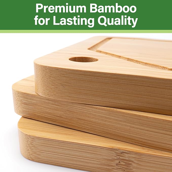 Bamboo Cutting Board Set, 3-Piece Cutting Board with Stand & Hanging Hole | Chopping Board for Kitchen with Juice Groove, Serving Board, Ideal for Meat, Vegetables and Cheese