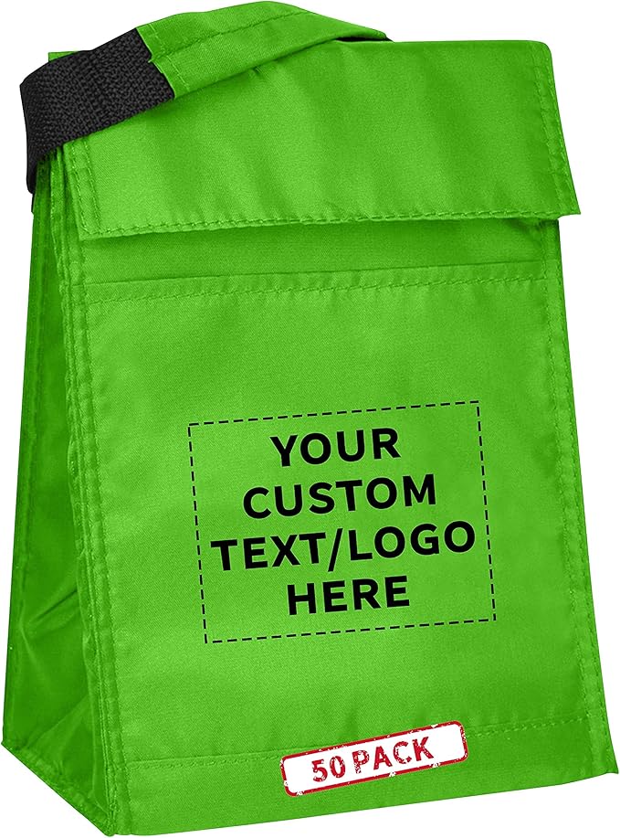 DISCOUNT PROMOS 50 Hook and Loop Insulated Lunch Bags Set - Customizable Text, Logo - Polyester, Durable, Vibrant, Reusable - Green