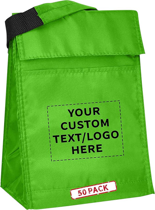 DISCOUNT PROMOS 50 Hook and Loop Insulated Lunch Bags Set - Customizable Text, Logo - Polyester, Durable, Vibrant, Reusable - Green
