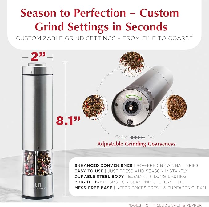 Urban Noon Electric Salt or Pepper Grinder (1 Mill, 8.1" Tall) - One-Handed Push-Button Mills with LED Light, Adjustable Ceramic Coarseness, Gift-Ready Box, 1-Year Warranty - Stainless Steel