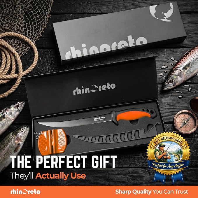 Rhinoreto Fillet Knife for Fish - Razor Sharp G4116 German Stainless Steel Blade, 9 Inch Professional Filleting & Boning Knife with Non-Slip Handle, Protective Sheath & Sharpener