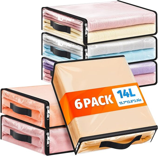 SpaceWhisper 6 Pack Clear Storage Bags, Plastic Blanket Storage Bags with Zipper and Handle, Moving Bags for Comforter, Bedding & Clothes, Closet Organizer and Under Bed Storage (15.7x13.8x3.9 Inch)
