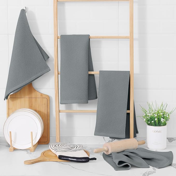 Homaxy 100% Cotton Waffle Weave Kitchen Towels, 5-Pack, Grey | 13 x 28 Inches, Ultra Soft Absorbent Dish Towels, Quick Drying Cleaning Towels