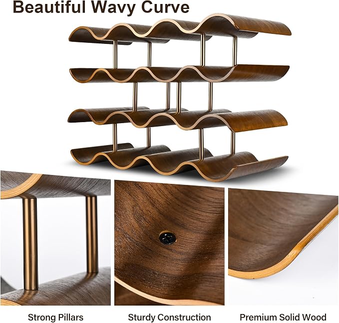 Countertop Wine Rack - 14 Bottle Freestanding Wine Bottle Holder Stand - 4 Tier Wooden Wine Storage Rack - Walnut Wavy Wine Organizer for Cabinet Pantry Home Kitchen Bar