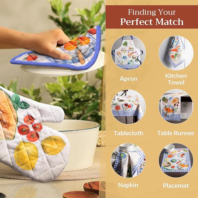 Maison d' Hermine 100% Cotton Oven Mitt & Pot Holder Set (7.5"x13" & 8"x8") | Heat Resistant BBQ Cooking Gloves with Loop Baking Grilling Kitchen Hotel Home Farmhouse Spring Summer - Gourmand