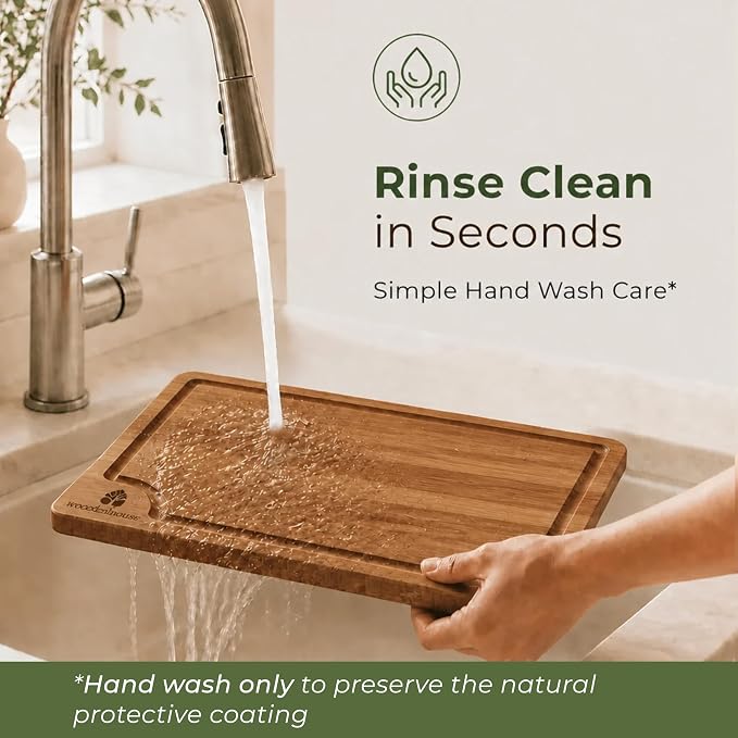 Wooden Cutting Board Set of 3 – Bamboo Wood Cutting Boards for Kitchen | with Deep Juice Grooves & Built-In Handles – Large, Non-Toxic, Easy to Clean Chopping Boards for Meat, Vegetables & Fruits