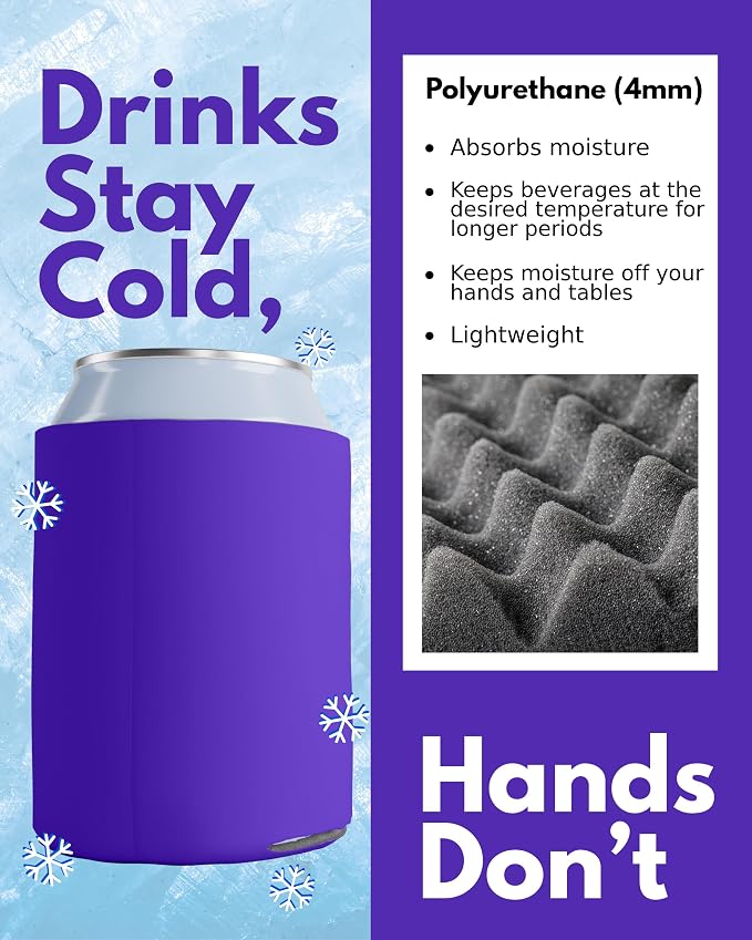 PartyPrints 25 Pack Purple Blank Can Cooler Sleeves, Customizable Bulk Insulated Foam for Beer, Collapsible Plain Drink Holder, Cold Soda Insulator, 12oz Regular, 16oz Tall Cans