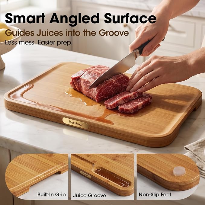 Bamboo Cutting Board Set of 3 with Stand, Non-toxic | Deep-Carbonized FSC-Certified Bamboo | 3 Large Sizes, Reversible prep & Serving Sides, Sloped Groove & Corner Sauce Well