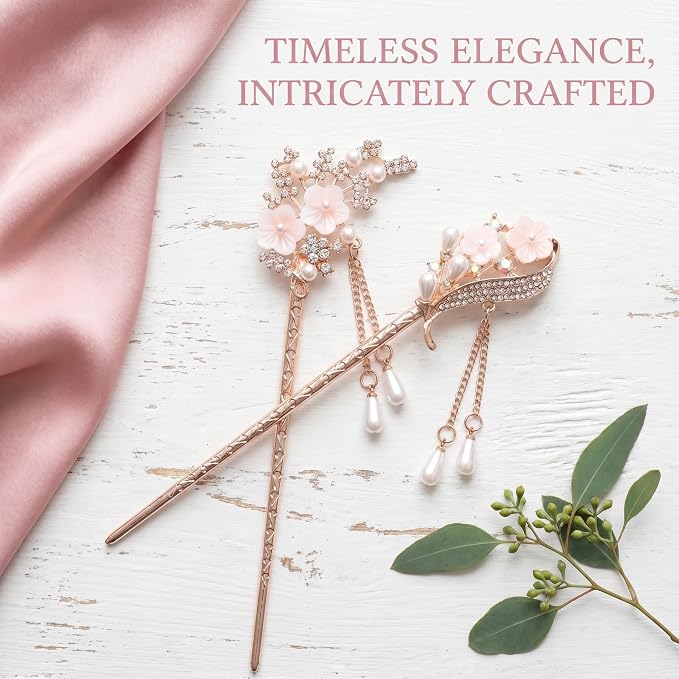 2 Pcs Rhinestone Pearl Flower Hair Stick Chinese Hair Chopsticks Vintage Tassel Hair Pin Chignon Pin Hair Styling Making Accessories for Women