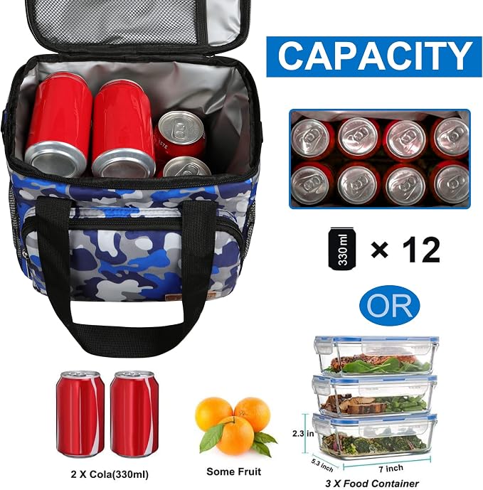 Lunch Bags for Women/Men, Insulated Lunch Bag for Work Office - Lunch Cooler Bag Leakproof Lunch Box with Adjustable Shoulder Strap - Blue Camouflage