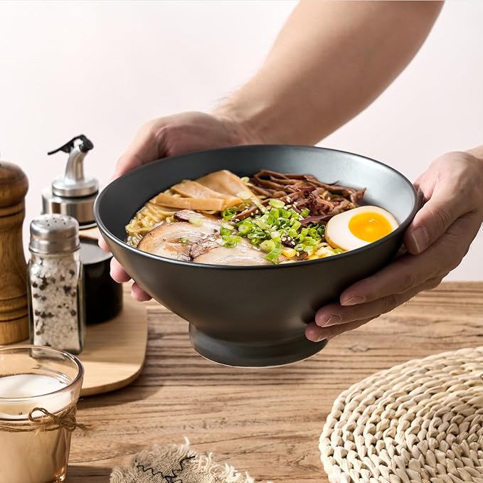 Ceramic Japanese Ramen Bowl Set, 8 Inch Large Noodle Bowl Set of 2, Dishwasher Safe for Asian Pho Udon Soba Noodle, Salad Pasta, Deep Soup Bowls, Black Reactive Metallic Color