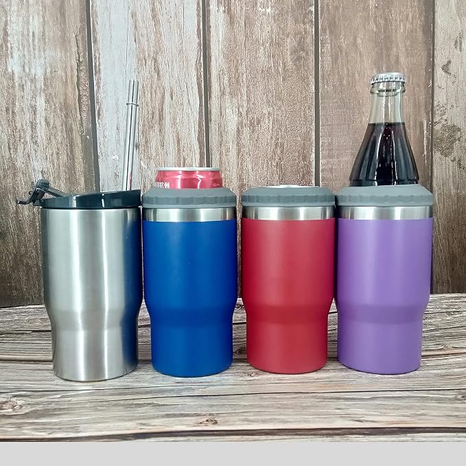4 in 1 Stainless Steel Can/Bottle Insulator, 14oz Two-Way Lids Double Wall SUS Insulated Can Cooler, Beer Bottle holder (Stainless steel)