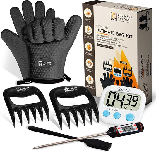 Ultimate 5-Piece BBQ Gift Kit | Smoker Gloves, Meat Claws, Instant-Read Thermometer, Timer & Brush | No.1 Heatproof Silicone Smoker Mitts & Pulled Pork Claws for Barbecue, Grilling, Smoking, Shredding