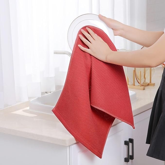 Homaxy 100% Cotton Waffle Weave Kitchen Towels, 3-Pack, Brick Red | 13 x 28 Inches, Ultra Soft Absorbent Dish Towels, Quick Drying Cleaning Towels