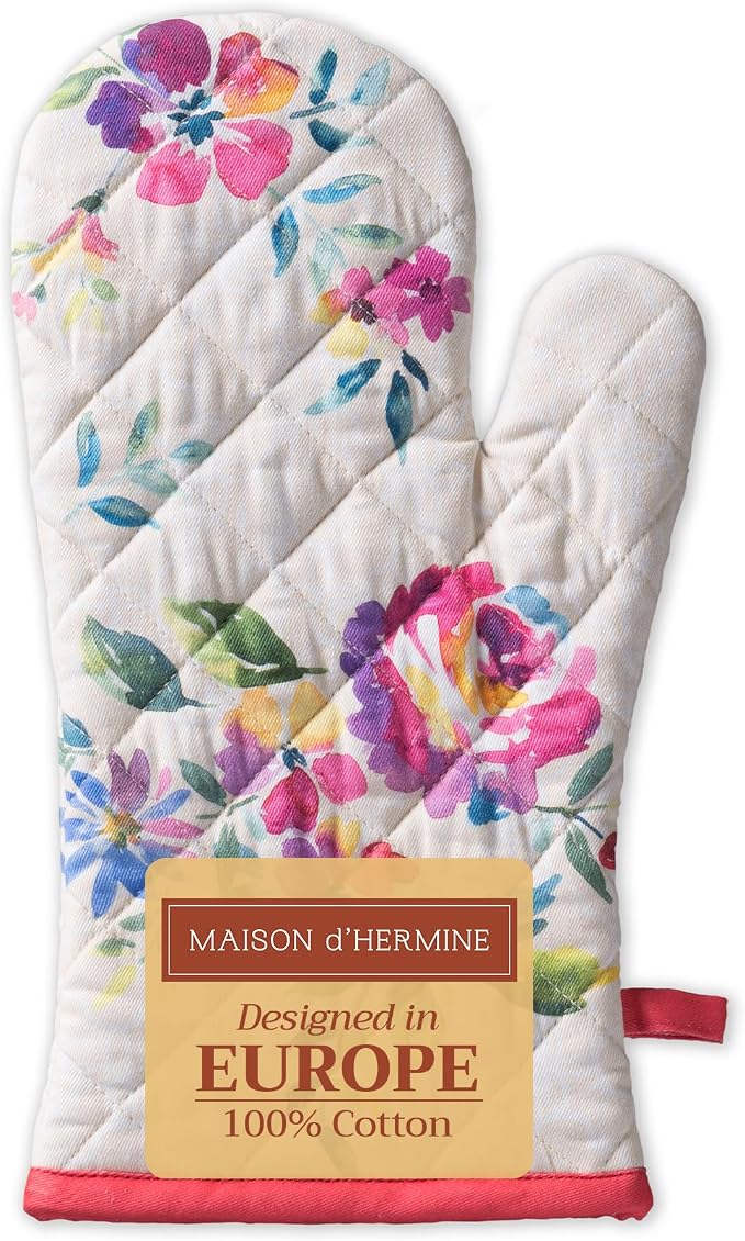 Maison d'Hermine Oven Gloves 100% Cotton Oven Mitt (7" x 13", Pack of 1) | With Loop Heat Resistant BBQ Cooking Gloves Baking Grilling Kitchen Handling Hot Pans Spring Summer - Rose Garden
