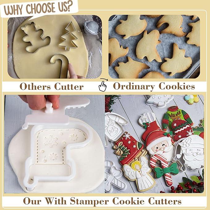 Flycalf Christmas Cookie Cutters Candy Cane Shapes with Plunger Stamps Holiday PLA Baking Accessories Cutter Molds Gifts Decorative Party 3" Kitchen Cake Supplies
